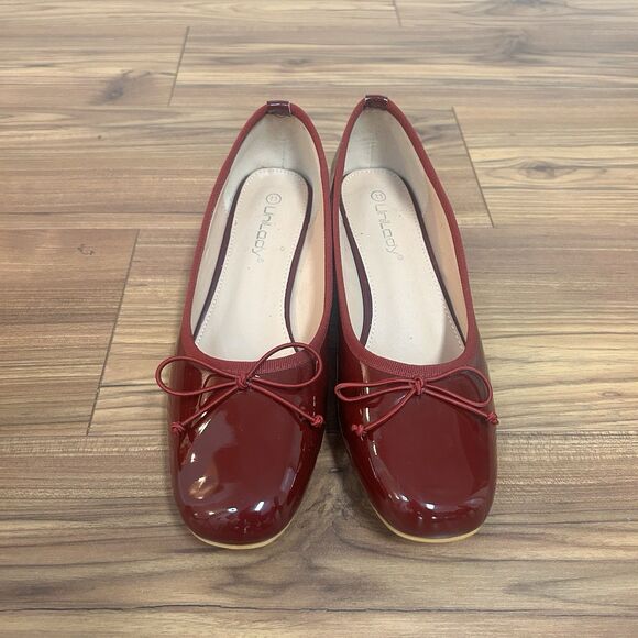 Shoes - Unilady Burgundy Ballet Flats Size 11 Low Block Heel Bow Patent